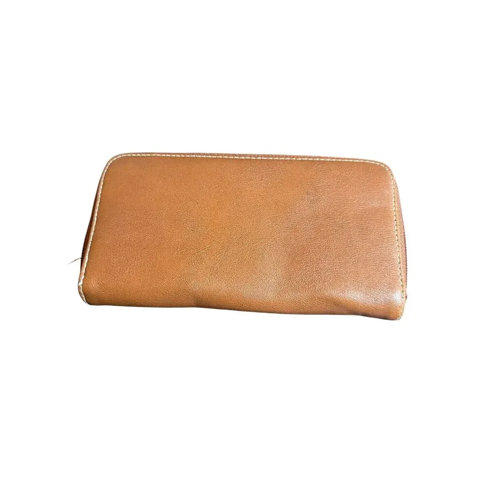 Strada Continental Cognac Leather Brown Zip Around Wallet Clutch Organizer